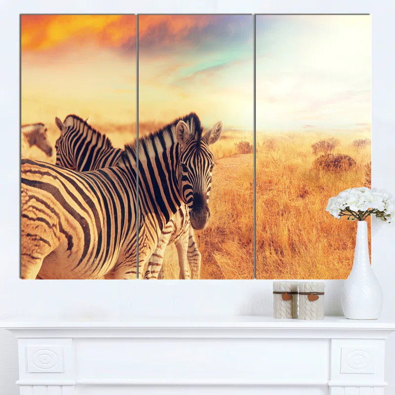 Design Art " Zebras Herd In Field At Sunset " 3 - Pieces