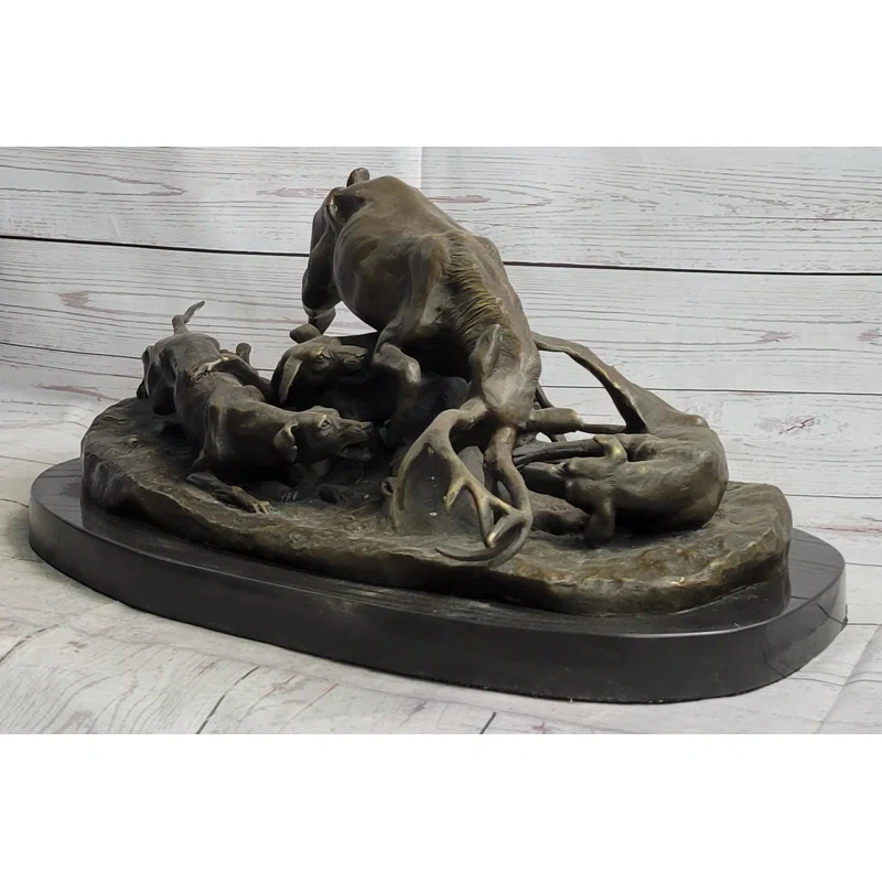 Red Barrel Studio® Sherrie Elk Stag Is Attacked By Pack Of Wild Dogs Bronze Sculpture Statue Antoine Barye Art Decor