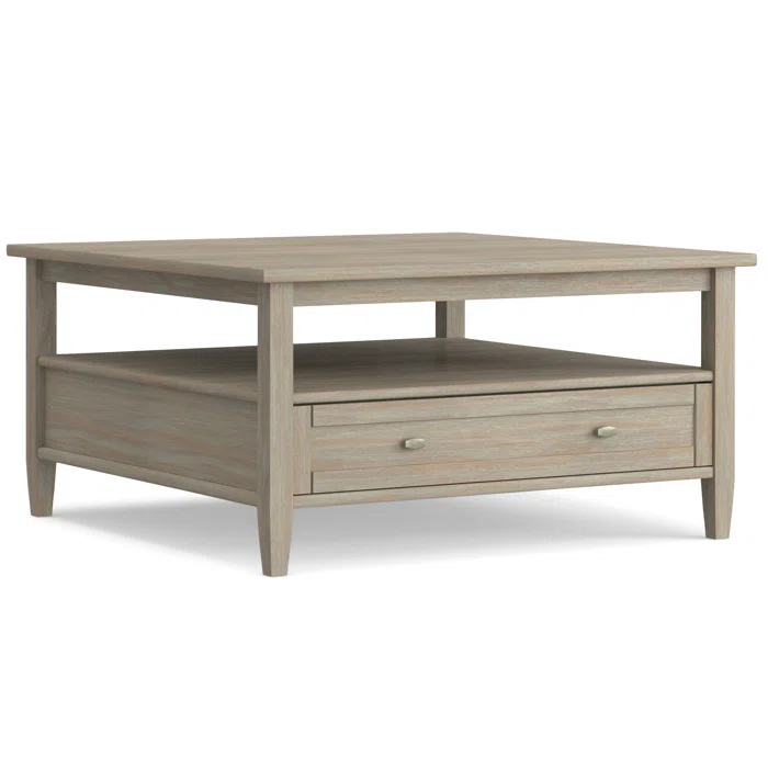 Simpli Home Warm Shaker 36"W Solid Wood Square Coffee Table with Two Drawers and Open Shelf