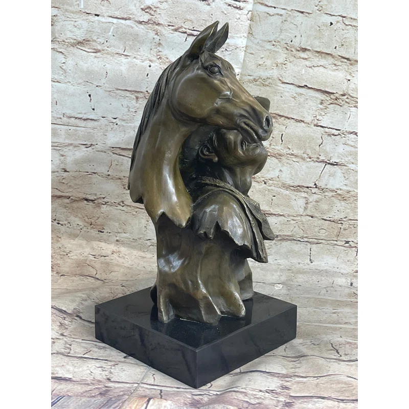 Canora Grey Thailan Western Art Old West Cowboy With Horse Bronze Bust Sculpture Marble Statue Decor