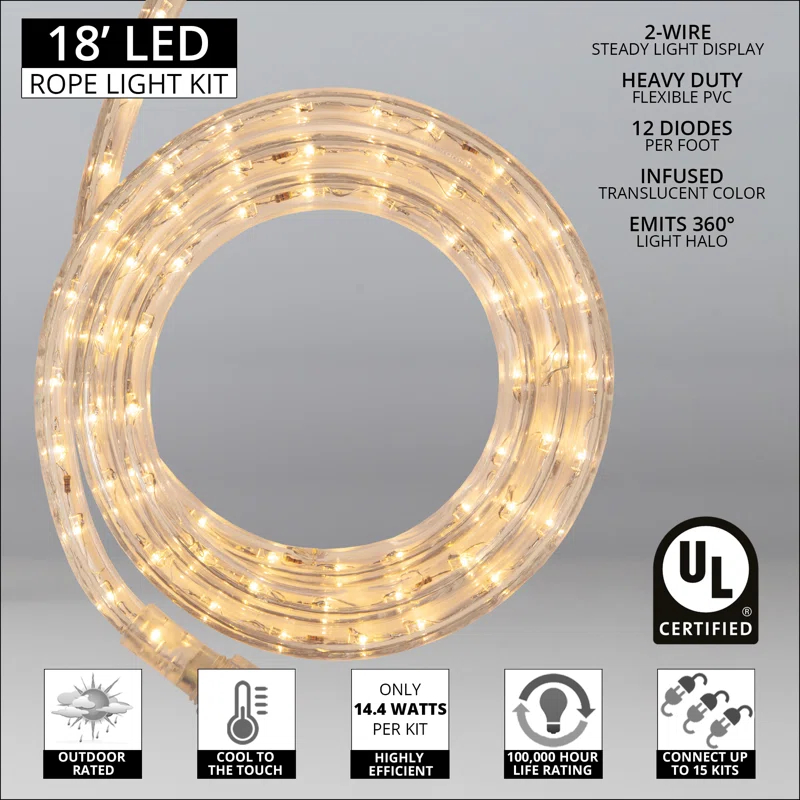 18FT 216 Light End-to-End Connectable LED Rope Lights