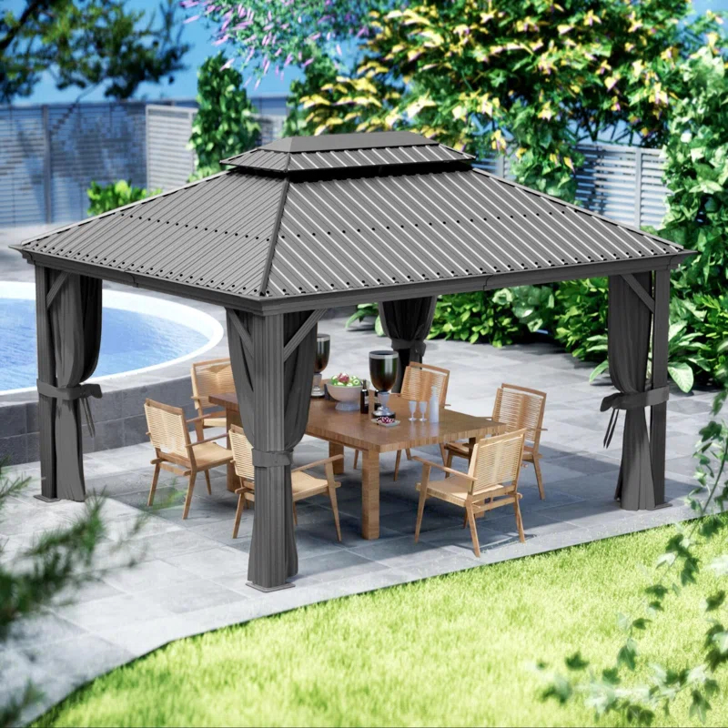 Kozyard Kozyard Alexander Gray Double Roof Hardtop Gazebo with Privacy Curtain Mosquito Netting