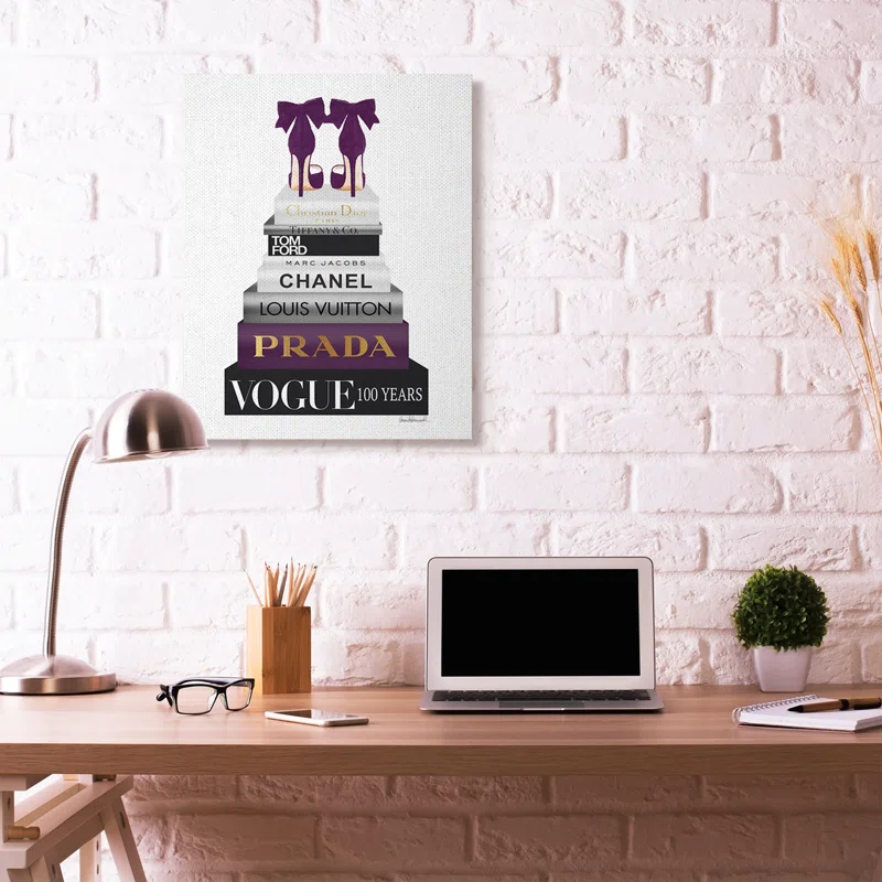 Stupell Industries " Fashion Designer Shoes Bookstack Purple Gold Watercolor "