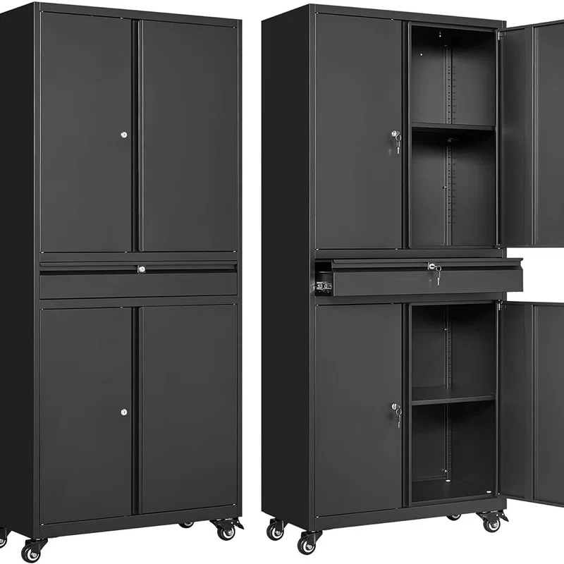 17 Stories Wheeling Garage Storage Cabinet, Rolling Tool Cabinet with 4 Door Lock-Adjustable Shelves and 1 Drawer for Garage Utility Room (Black)