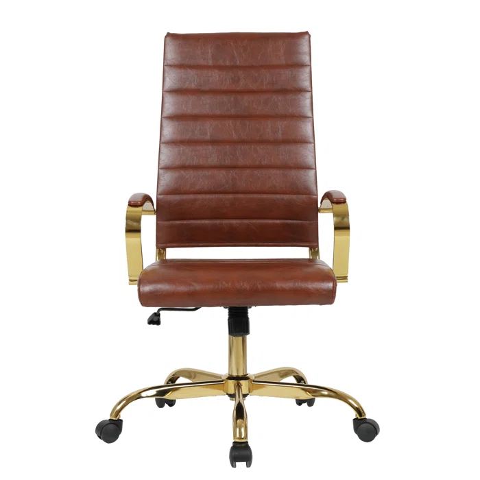 Everly Quinn Humairaa Leather Office Chair – Executive Task Chair with Swivel, Adjustable Height & Gold Base for Home Office or Conference Room