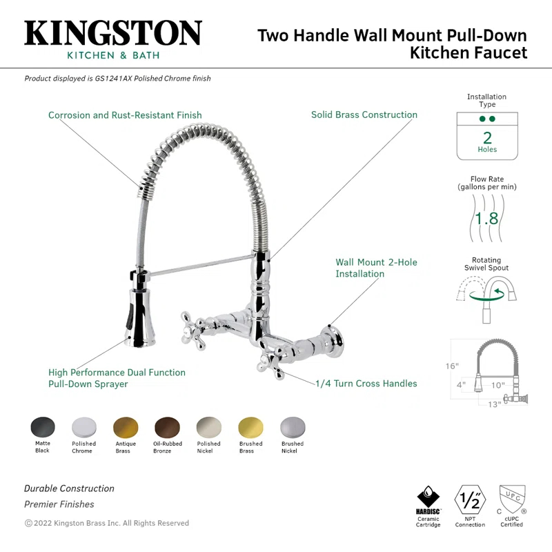 Kingston Brass GS1245AX Kingston Brass Heritage Double-Handle 2-Hole Wall-Mount Pre-Rinse Bridge Kitchen Faucet