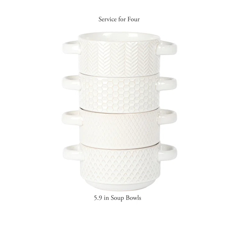Gibson Elite Gibson Elite Oyster Tide Embossed 6 Inch Soup Bowls with Handles. French Onion Soup Crocks, Stackable Soup Bowl, Chili, Beef Stew Reactive Glaze  Stackable Ceramic Bowl, Set of 4, White
