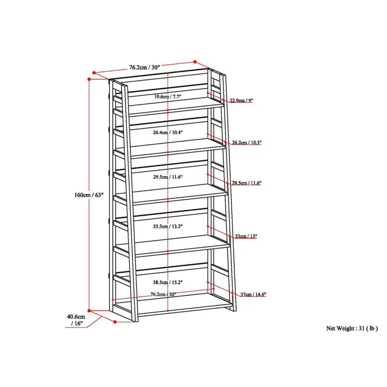 Simpli Home Acadian 30"W Solid Wood 5 Shelf Ladder Bookcase with Open Shelves