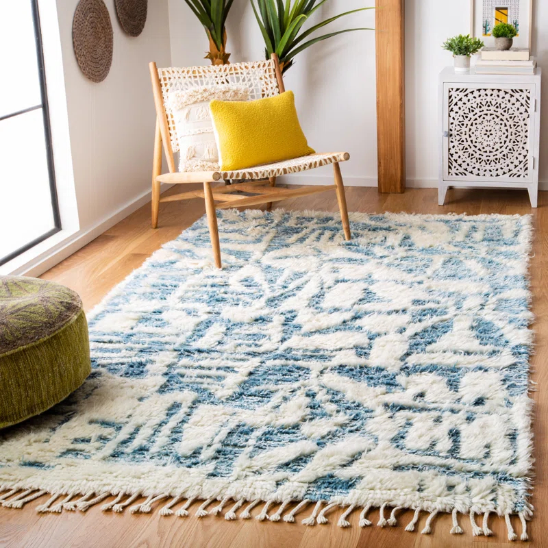 Union Rustic Duena Hand Knotted Wool/Viscose Abstract Rug in Ivory/Blue