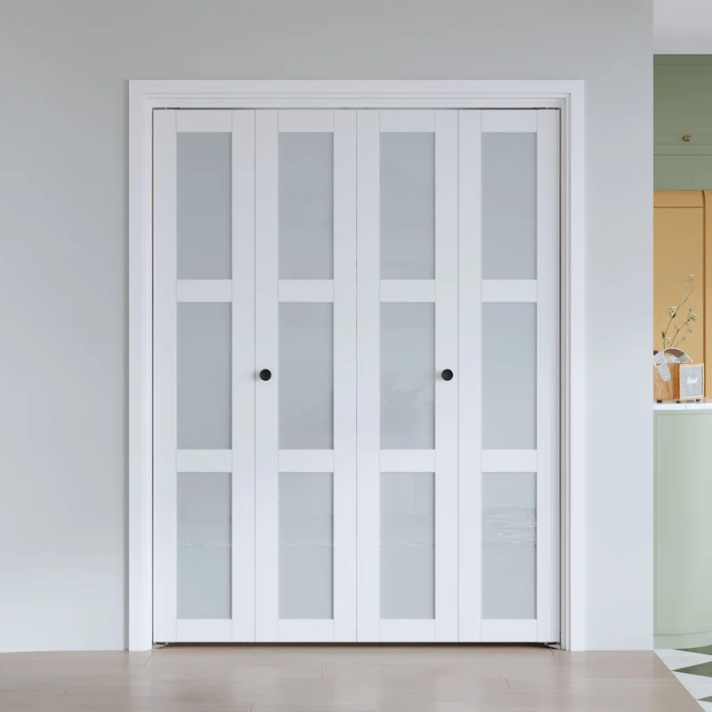 Frosted Glass And Solid Manufactured Wood Bi-Fold Door With Installation Hardware Kit
