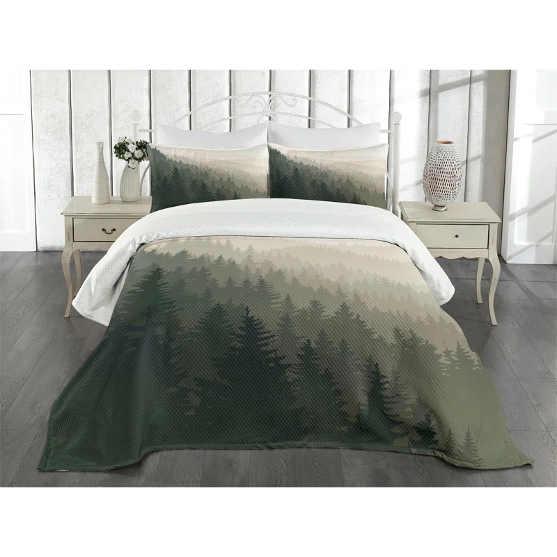 Ambesonne Forest Bedspread Set Scandinavian Nature Cream Tan Dark Green