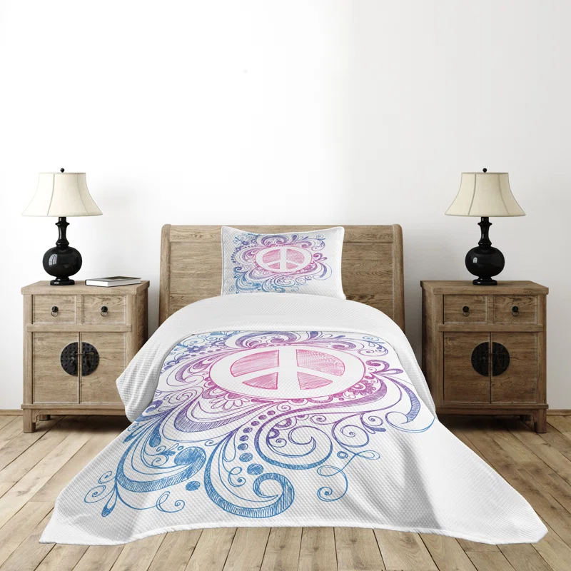 Ambesonne Ambesonne Groovy Bedspread Set Peace Sign and Swirls Pink Blue White