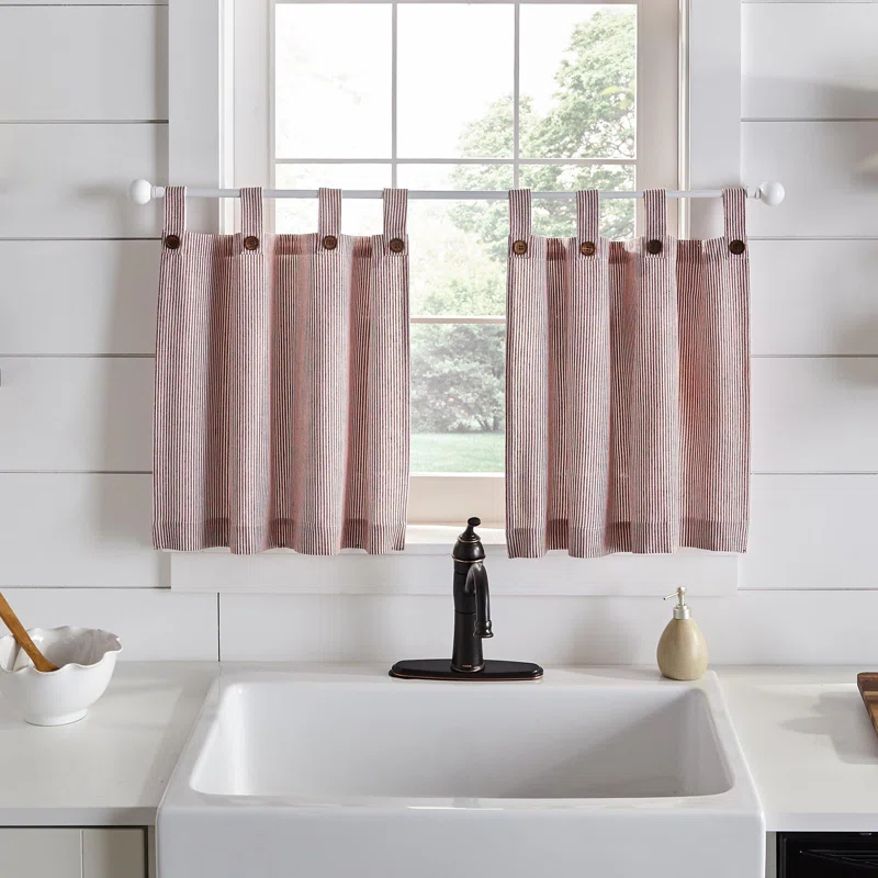 Gracie Oaks Liviana Striped Cotton Tailored 30'' W Kitchen Curtain (Set of 2)
