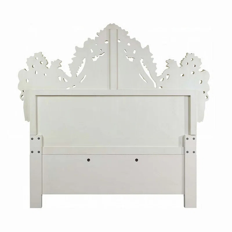 Benjara Rox King Size Bed, White Faux Leather Victorian Carved, Vintage White