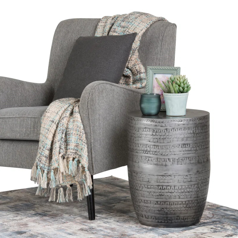 Simpli Home 15"W Metal Boho End Table with Drum Design and Textured Finish, Assembled