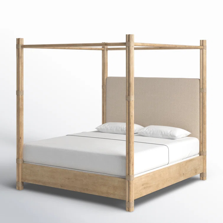 King Beige Upholstered Canopy Bed with Oak Frame