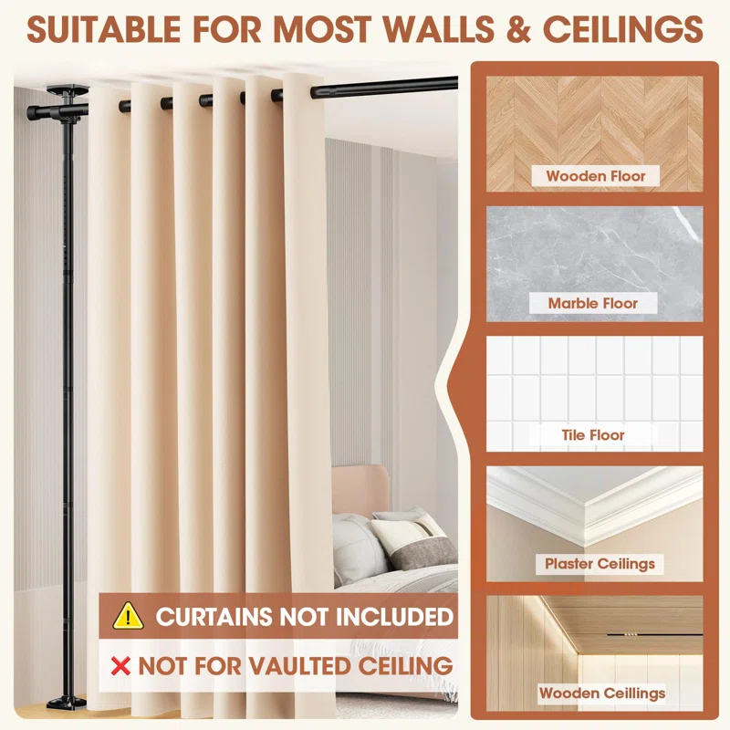 Rebrilliant Room Divider No Drilling Curtain Rod Wall Divider For Room Separation, 4-10Ft(H) 28-114Inch(W) Adjustable, Heavy Duty Partition Space Separator Freestanding Tension Curtain Stand, Black