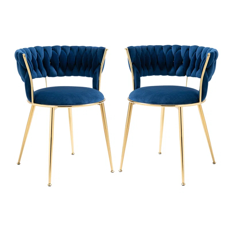 Mercer41 Dining Chairs Set of 2, Woven Upholstered Dining Chairs with Gold Metal Legs(Navy Velvet)