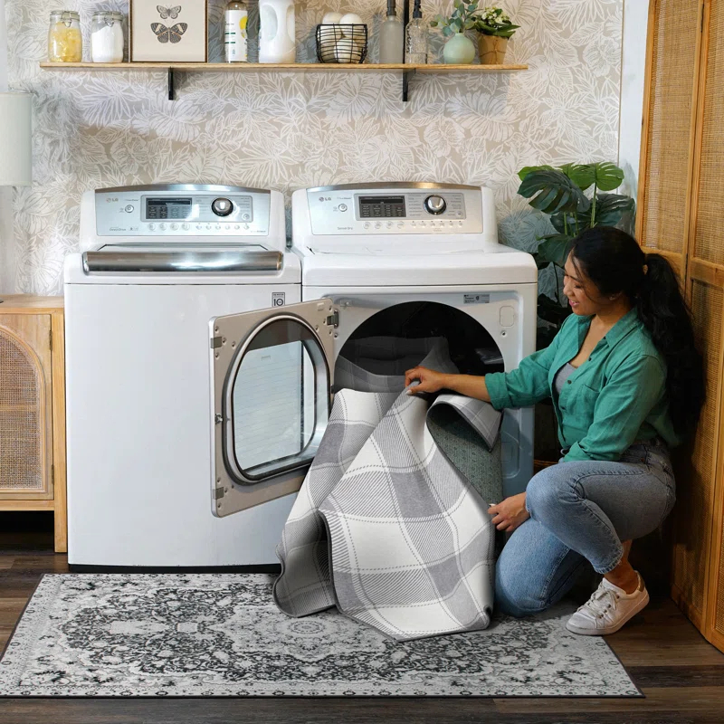 My Magic Carpet Buffalo Plaid Grey And White Plaid Flatweave Brown/Ivory Washable Area Rug | Wayfair