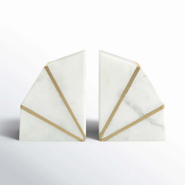 Willa Arlo™ Interiors Marble Bookends Contemporary White and Gold Accent Decorative Bookends Book Display (Set of 2)