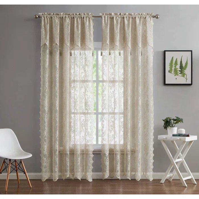 Rosdorf Park Rosdorf Park Pair Of 2 Sheer Lace Curtain Panels with Attached Matching Valance With 6 Tassels. (Set of 2)