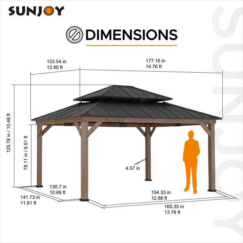 Sunjoy Sunjoy 13 x 15 ft. Wood Gazebo, Outdoor Patio Steel Hardtop Gazebo, Cedar Framed Wooden Gazebo with 2-Tier Metal Roof, Suitable for Patios, Lawn and Backyard