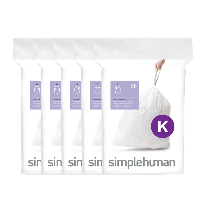 simplehuman simplehuman Code K Genuine Custom Fit Drawstring Trash Bags Dispenser Packs, 100 Count (Set of 5)