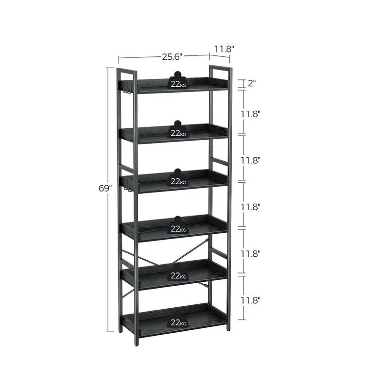 Bookshelf 6 Tier with 4 Hooks, Industrial Bookcase, Vintage Storage Rack with Open Shelves