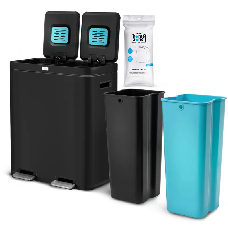Home Zone Living 15.8 Gallon Stainless Steel Dual Kitchen Trash Can with CleanAura