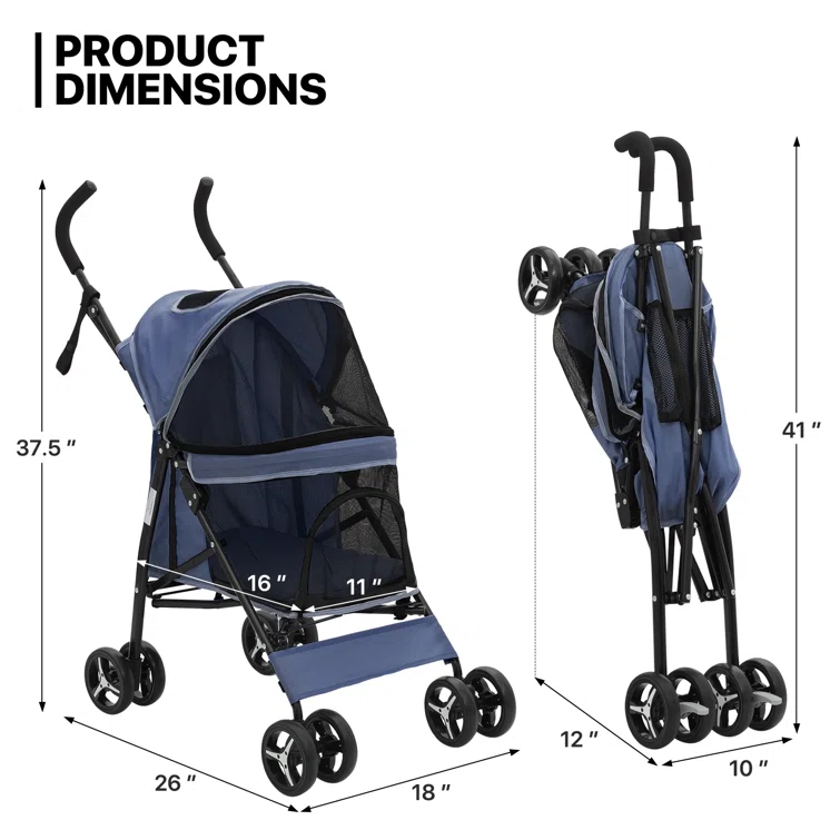 MoNiBloom 4 Wheel Folding Pet Stroller, Foldable Dog Jogger Stroller with Adjustable Canopy and Mesh Window