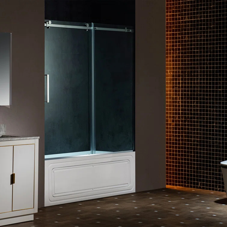 WoodBridge Frameless Single Sliding Shower Doors, 56-60" W X 62" H With 5/16" Clear Tempered Glass And Explosion-Proof Film MSDF6062-C