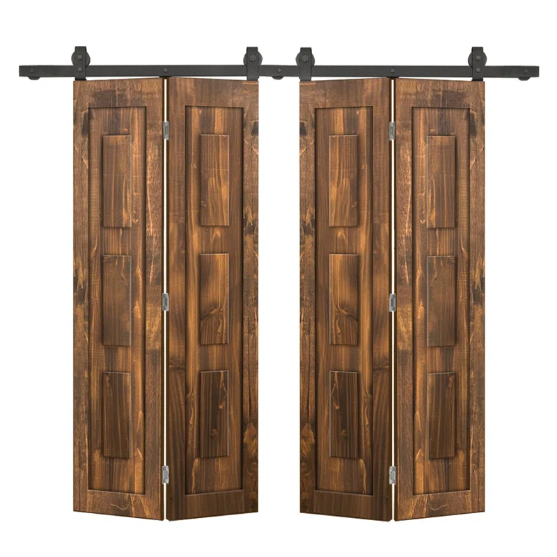 Calhome 3 Panel Shaker Pine Wood Double Bi-Fold Door with Sliding Barn Door Hardware Kit
