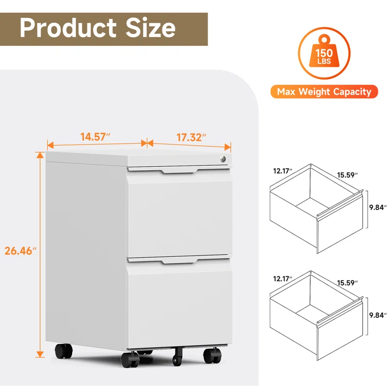 COOLSUN 14.6'' Wide 2-Drawer Mobile Steel File Cabinet
