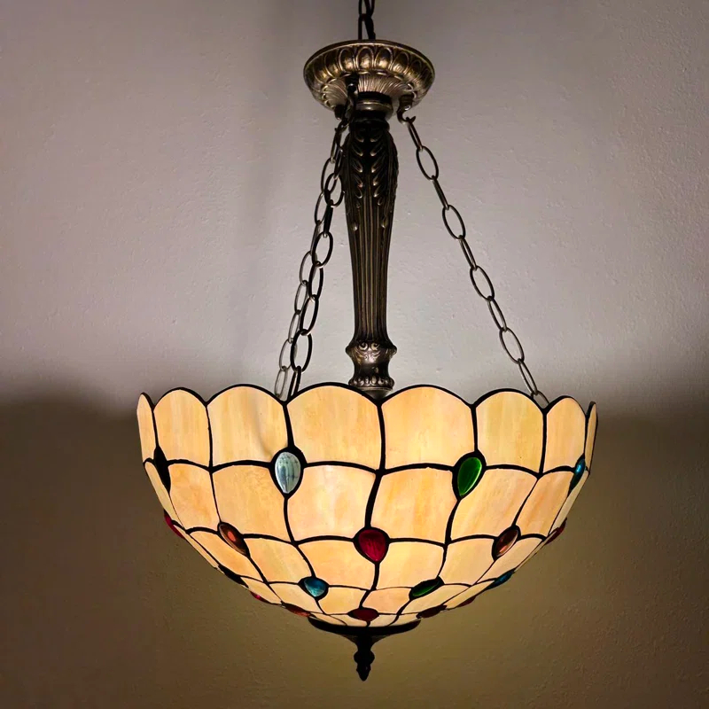 Fleur De Lis Living Spinks Tiffany Pendant Lights Gold Stained Glass Crystal Beans LED Bulbs Included 16"W*16"D*60"H