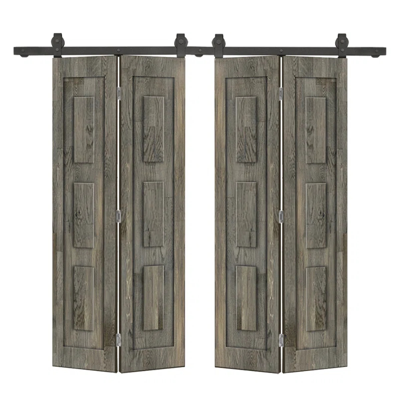 Calhome 3 Panel Shaker Pine Wood Double Bi-Fold Door with Sliding Barn Door Hardware Kit