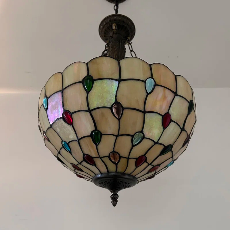 Fleur De Lis Living Spinks Tiffany Pendant Lights Gold Stained Glass Crystal Beans LED Bulbs Included 16"W*16"D*60"H