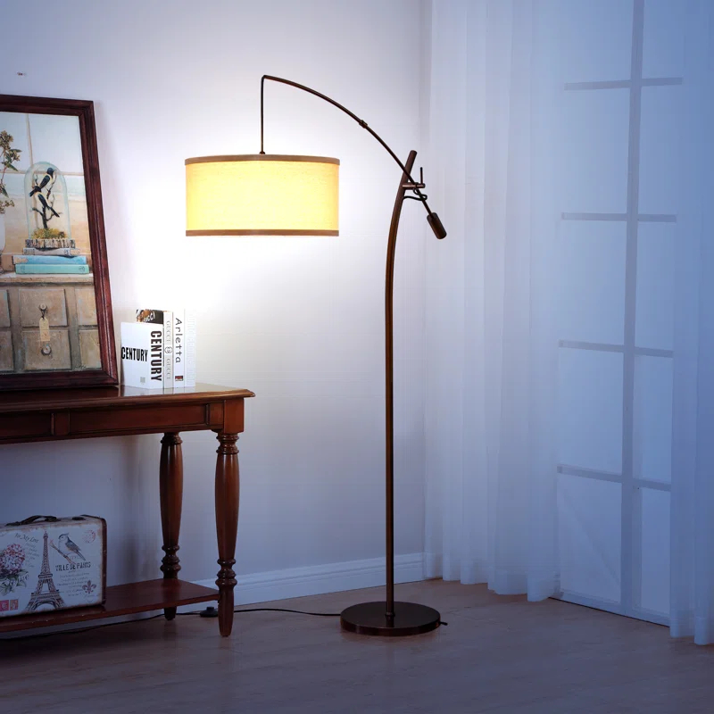 Brightech Grayson 84" Mid-Century Modern Height-Adjustable LED Arc Floor Lamp with Bronze Finish and Beige Cotton Fabric Drum Shade, Bulb Included