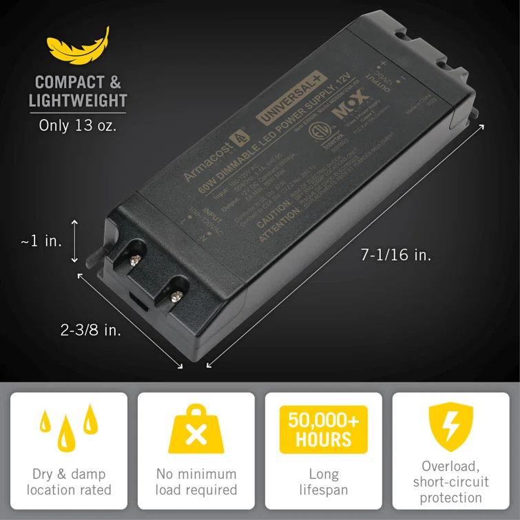 Armacost Lighting Universal+ Dimmable LED Driver 12V DC, 60W Electronic Transformer ELV/MLV/TRIAC 830600