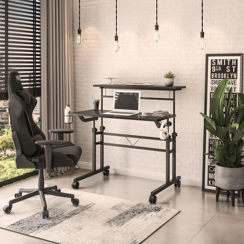 Inbox Zero Mobili Rolling Writing Desk – Height Adjustable with Moveable Shelf & Locking Wheels