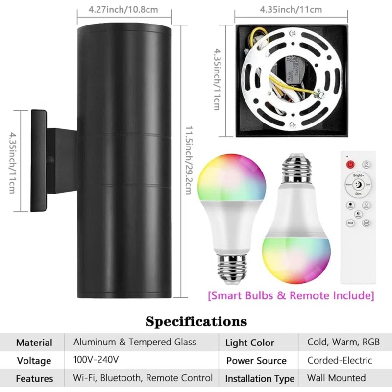 Modern RGB Outdoor Light, 2700K-6500K Ambience Outdoor Wall Sconce Color Changing, Wifi App Control Up Down Lights, Smart Exterior Wall Light For House Porch, Works With Alexa Google Assistant