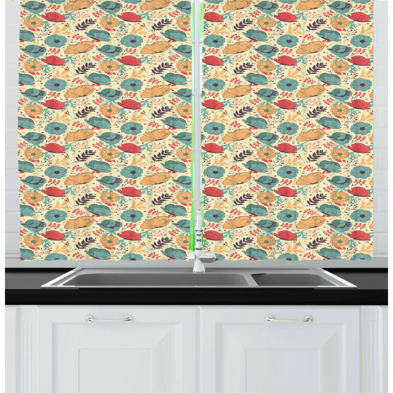 Ambesonne Floral Tailored 27.5'' W Kitchen Curtain in (Set of 2)