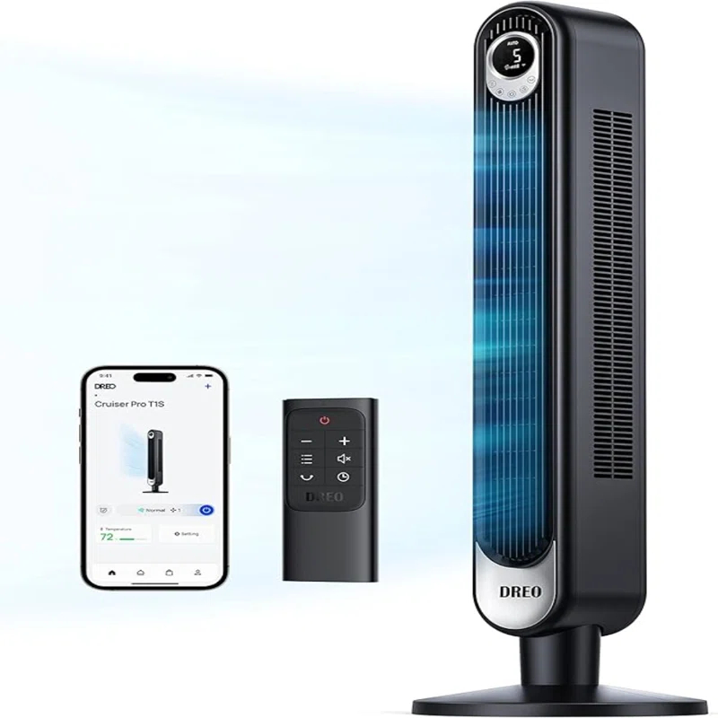 BUILTCO Dreo Smart Tower Fan Wifi Voice Control, Works With Alexa/Google, Cruiser Pro T1S Floor Standing Bladeless Oscillating Fan With Remote, 6 Speeds, 4 Modes, 12H Timer, For Indoor Bedroom Home Office