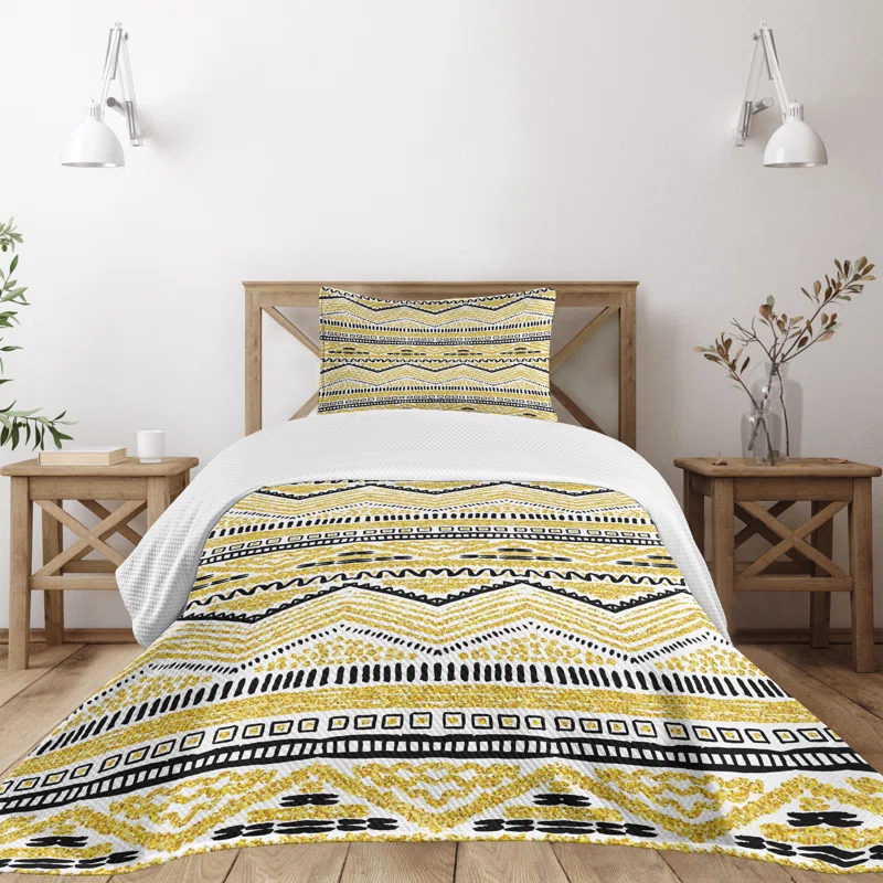 Ambesonne Ambesonne Yellow and Black Bedspread Set 2 Pcs Zig Zag Lines Twin Yellow Black and White