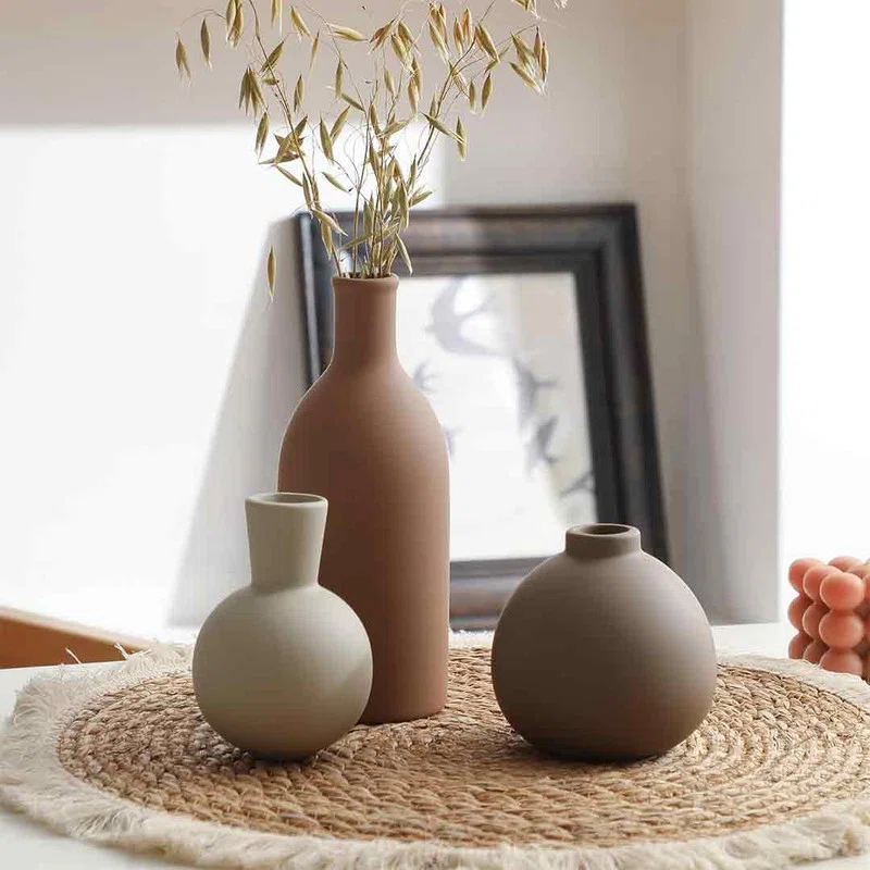 Bungalow Rose Ceramic Vase Set of 3, Vases Home Decor Rustic Vase Decor Vase Terra Cotta Pottery Vases