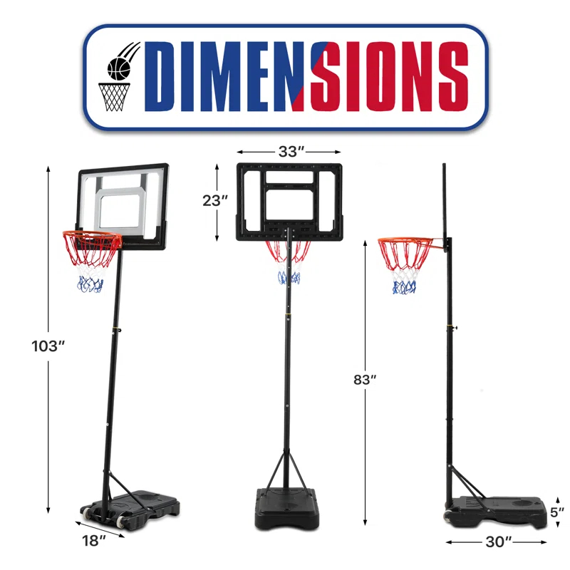 MoNiBloom Portable Basketball Hoop Goal 5ft - 7ft Adjustable with 33" Backboard Wheels Fillable Base