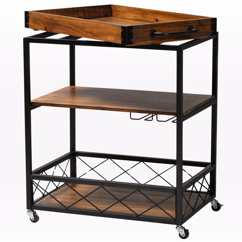 Livi Homes Paloma Mobile Metal Bar Cart with Stemware Rack in Vintage Rustic Industrial Oak Brown and Black