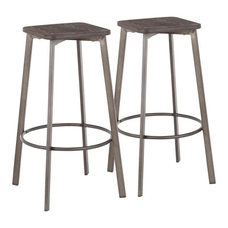 17 Stories Square Barstool In Vintage Metal And Espresso Wood-Pressed Grain Bamboo By Lumisource - Set Of 2