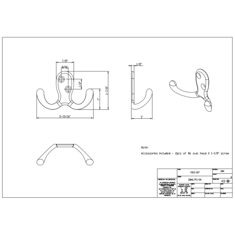 Elements by Hardware Resources 1-78 Double zinc wall mount hook. Finish DBAC.