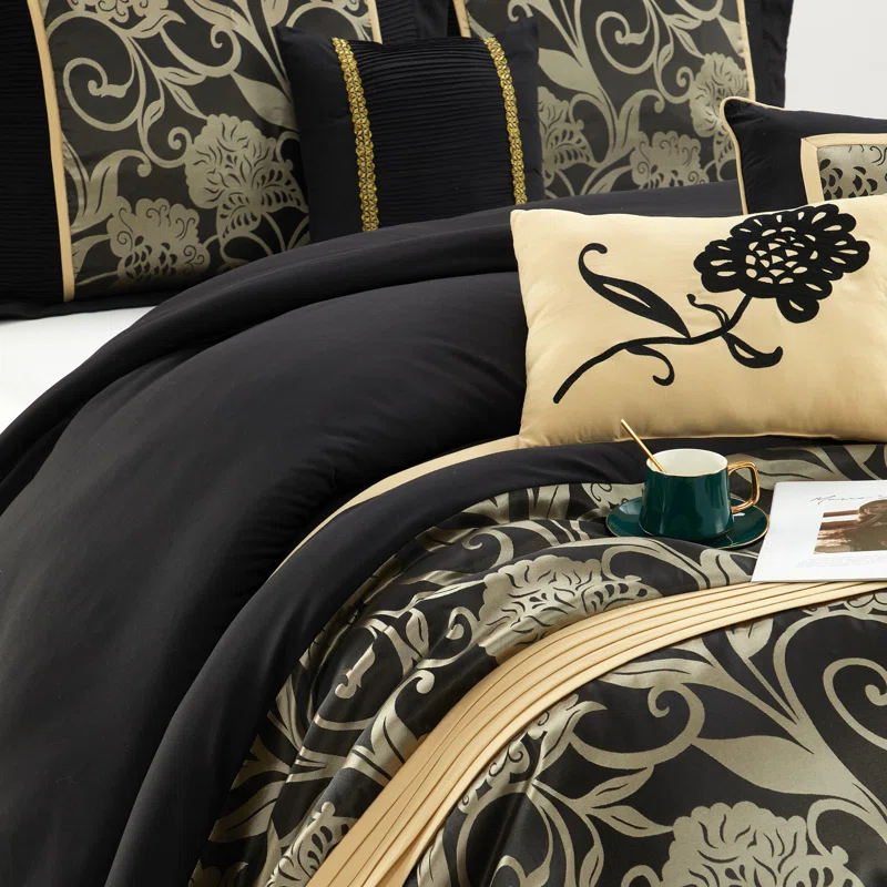 Nanshing America, Inc Fennville Black/Gold/Beige Microfiber 7 Piece Comforter Set