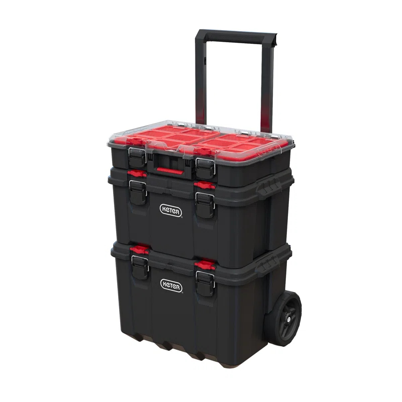 Keter Keter Stack-n-Roll 3 Piece Durable Resin Rolling Tool Box System Tool Storage and Organization Ideal For Garage and DIY, Black